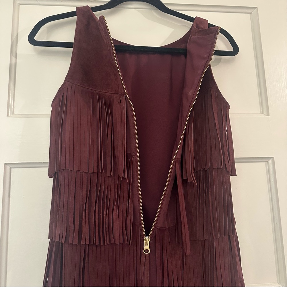 Olivia Palermo+Chelsea 28 Fringe Suede Leather Mini Dress XS Burgundy/Wine EUC - Picture 11 of 13